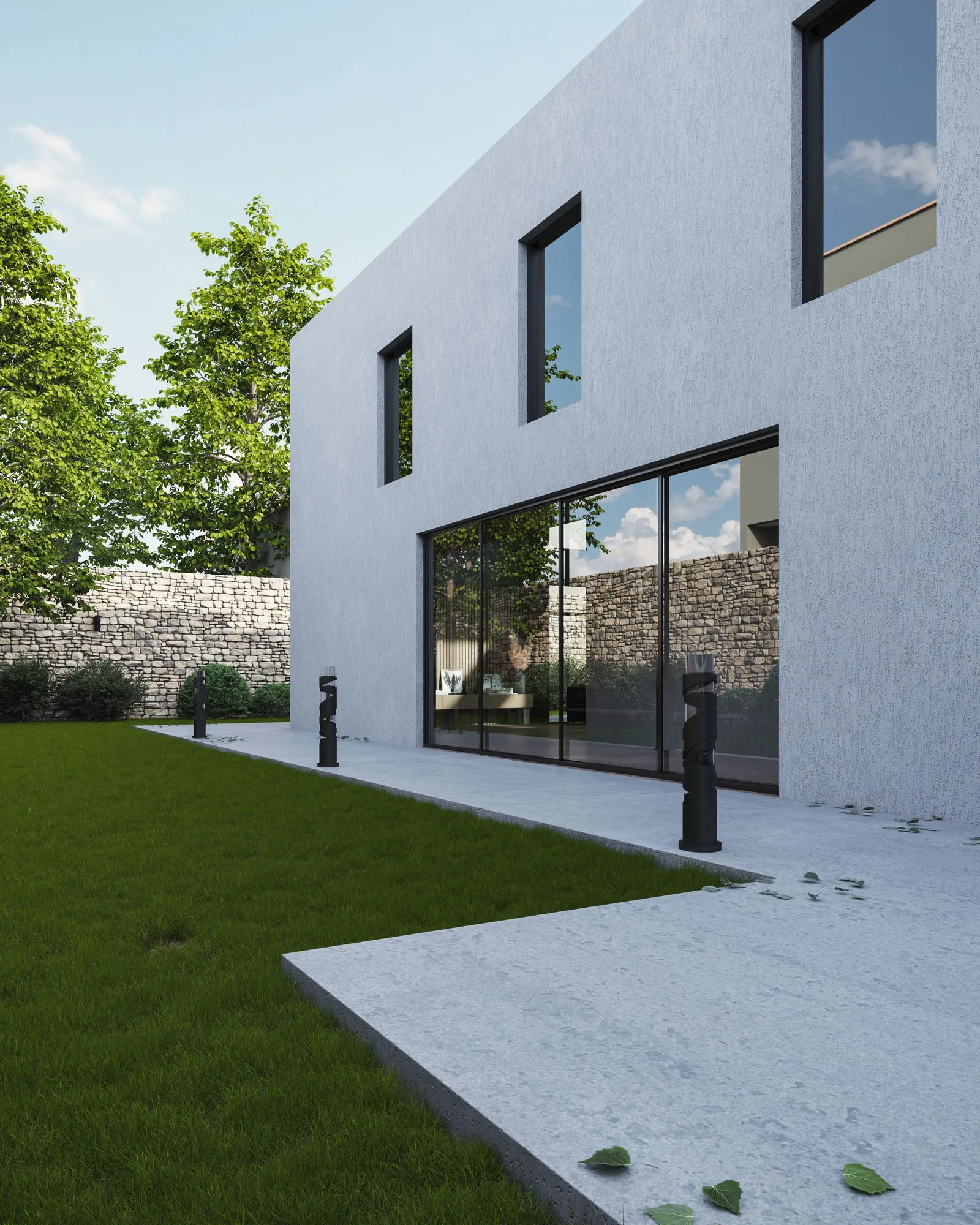 A 3D architectural rendering of a modern house exterior