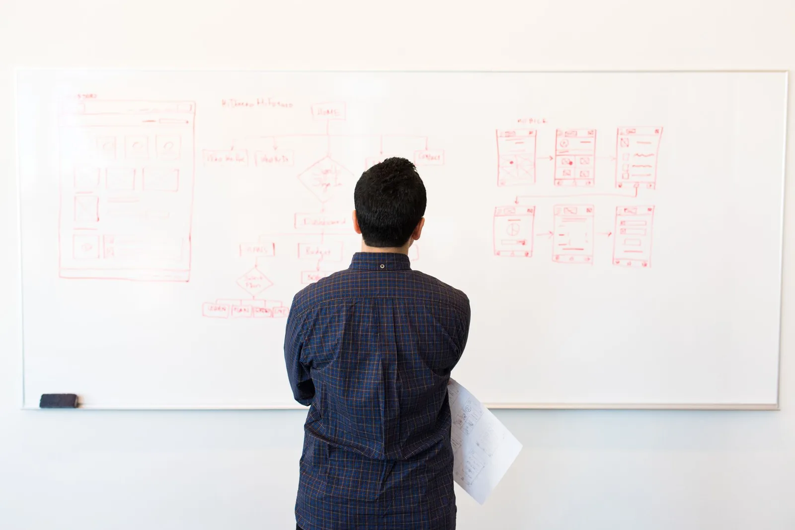 An engineer mapping a system flow diagram on a whiteboard